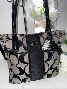 Coach Black and Tan Signature Canvas Tote